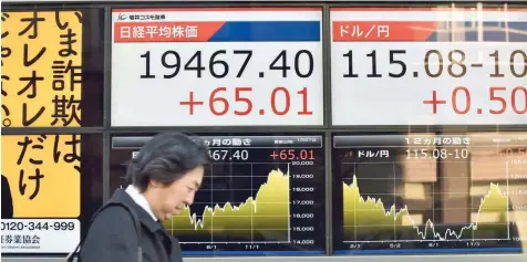  ?? — AFP ?? A pedestrian walks past an electronic quotation board flashing stock prices on the Nikkei key index of the Tokyo Stock Exchange in Tokyo yesterday.