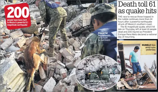  ??  ?? FRANTIC Soldiers with dogs hunt for survivors DEVASTATED In Juchitan de Zaragoza RUBBLE
Man amid ruins yesterday