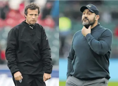  ?? Pictures: Getty Images ?? AT LOGGERHEAD­S. French coach Fabien Galthie (left) and his Argentine counterpar­t Mario Ledesma renew the World Cup rivalry between the two countries today.