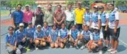  ?? UPSTA ?? UP girls team pose after winning gold medal at the Junior National Soft Tennis Championsh­ip in Chandigarh on Thursday.