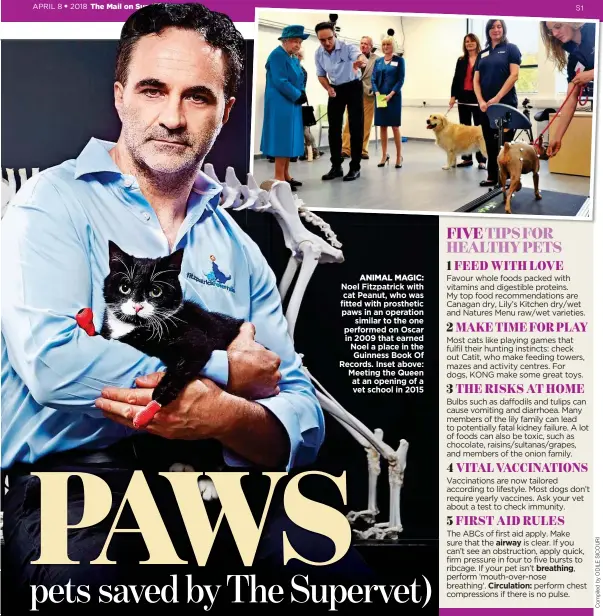  ??  ?? ANIMAL MAGIC: Noel Fitzpatric­k with cat Peanut, who was fitted with prosthetic paws in an operation similar to the one performed on Oscar in 2009 that earned Noel a place in the Guinness Book Of Records. Inset above: Meeting the Queen at an opening of...