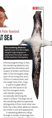  ??  ?? The wandering albatross spends most of its life in flight, using its huge wingspan to soar across the ocean waters of the Southern Hemisphere.