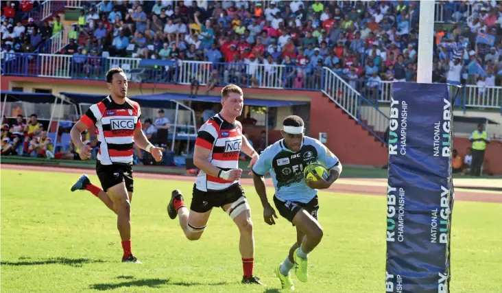  ??  ?? Fiji Airways Fijian Drua fullback Apisalome Waqatabu runs to the tryline agaiinst Canberra Vikings at Churchill Park on October 6, 2018. Waisea Nasokia Photo: