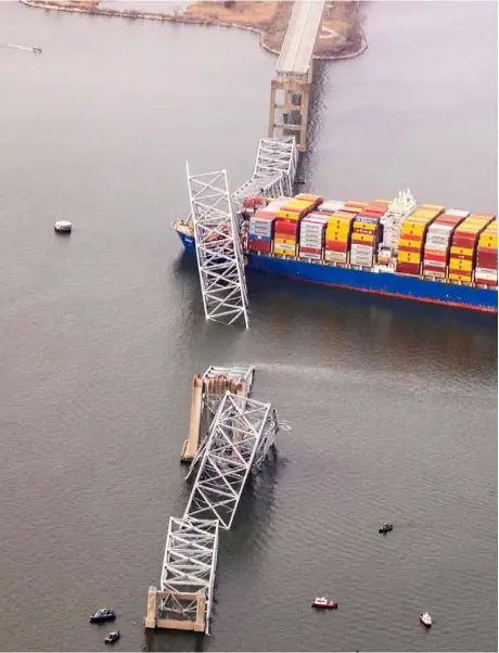  ?? GETTY ?? Horror: Cargo ship Dali is seen after running into and collapsing the Francis Scott Key Bridge in Baltimore. Top right, how the bridge had looked