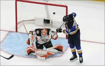  ?? JEFF ROBERSON — THE ASSOCIATED PRESS ?? The Blues' Jake Neighbours beats Ducks goaltender Lukas Dostal for a third-period goal during Sunday's game.