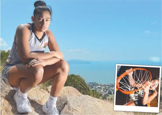  ?? Picture: MATT TAYLOR ?? CONFIDENT: Townsville Fire rising star Zitina Aokuso on top of Castle Hill ahead of the upcoming WNBL season. INSET: Aokuso plans on becoming the first player to ever dunk in the WNBL.