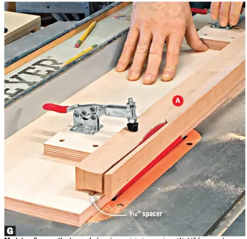  ??  ?? G
Mark two lines on the top end of each remaining cove piece (A), ½" from each edge. Align one of the marks with the edge of the jig and reposition the clamp blocks against the workpiece. Taper the first edge of the remaining eight cove pieces.