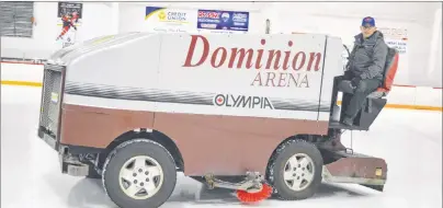  ?? SHARON MONTGOMERY-DUPE/CAPE BRETON POST ?? John Wadden, manager of Dominion Arena, cleans the ice with the Olympia resurfacer, which is 22 years old and is being replaced.