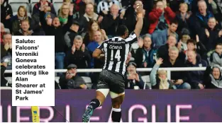  ??  ?? Salute: Falcons’ Vereniki Goneva celebrates scoring like Alan Shearer at St James’ Park