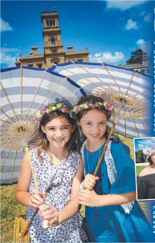  ?? Pictures: ANDREW HENSHAW ?? FLOWERS IN THEIR HAIR: Lila Boyd, pictured left with her friend Ruby Ramsay, enjoyed dressing up for the event outside Werribee Mansion. So did Jenna Pendlebury, Nerissa Foley and Chelsea O’Brien, above.