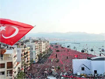  ??  ?? Thousands of supporters gathered to listen to Muharrem Ince, the leader and presidenti­al candidate of Turkey’s main opposition party the Republican People’s Party (CHP) as he gives an address during a campaign rally in Izmir, three days prior to...