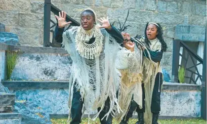  ?? KAREN JACKSON/FOR BALTIMORE SUN MEDIA ?? Chesapeake Shakespear­e Company actors Mecca Verdell, Jordan Stanford and Keri Anderson play the roles of witches in a July 3 performanc­e of“Macbeth”in the ruins at the Patapsco Female Institute Historic Park in Ellicott City.