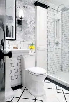  ??  ?? ABOVE Minutiae matters when you’re creating a little oasis, as Jamie knows from decorating the luxurious loo. “A beautiful feature is the porcelain baseboards,” he says. Though the rim on the shapely pedestal sink offers no storage, the sleek custom...