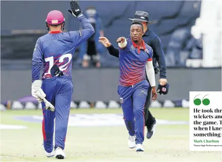  ?? Picture: Anesh Debiky/Gallo Images ?? Bowler extraordin­aire Gregory Mahlokwana celebrates with Quinton de Kock during the Mzansi Super League match between Durban Heat and Cape Town Blitz at Kingsmead in Durban.