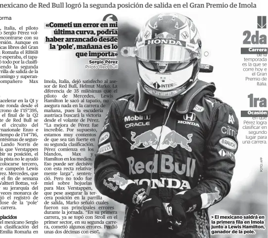  ??  ?? > El mexicano saldrá en la primera fila en Imola junto a Lewis Hamilton, ganador de la pole.