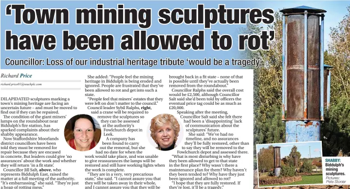  ?? Pictures: Pete Stonier ?? SHABBY: Biddulph’s mining sculptures.