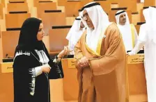  ?? Abdul Rahman/Gulf News ?? FNC Speaker Dr Amal Al Qubaisi and Abdul Rahman Mohammad Al Owais engaged in a discussion on the sidelines of the FNC session in Abu Dhabi yesterday.
