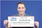  ?? HANDOUT/ OLG ?? On Jan. 4, 2018, Maurice Thibeault picked up half of the just over $ 6- million lottery prize he won from the Sept. 20, 2017 LOTTO 6/ 49 draw on a ticket he purchased in Chatham.