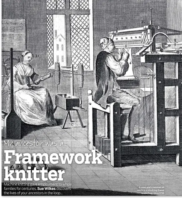 ??  ?? A man and a woman at work in a stocking frame workshop, circa 1750