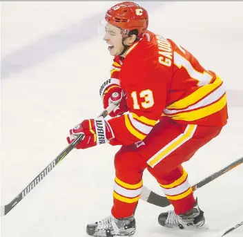  ?? LYLE ASPINALL/FILES ?? Calgary Flames forward Johnny Gaudreau suffered a broken finger after being slashed by Eric Staal last November.