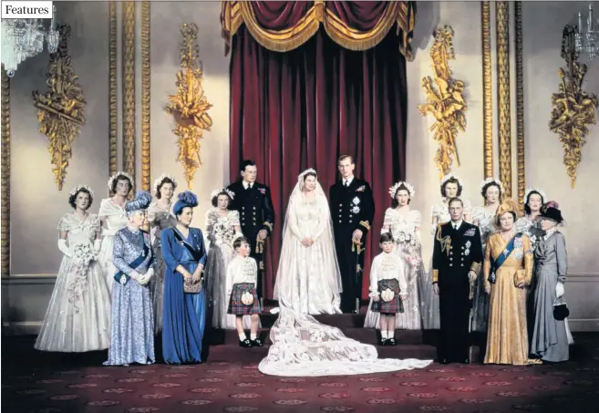  ??  ?? Wedding day: second from left, standing at the back is bridesmaid Lady Pamela Hicks; in front of her in the lavender dress is Queen Mary; Philip’s mother, Princess Alice of Greece, is beside her (second from left, front row). The best man is the...