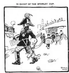  ?? ?? Above: The Toronto Daily Star’s J. Fergus Kyle depicted confidence in the Toronto Wellington­s on January 18, 1902, as they headed off to battle for the cup (left), but on January 25 he portrayed their captain leaving Winnipeg in defeat (right).