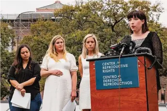  ?? Sam Owens/Staff file photo ?? Lauren Hall of Dallas shares her story during a March 7 announceme­nt of a lawsuit against the state on behalf of Texans harmed by abortion bans. She traveled to Seattle for the procedure.