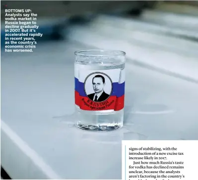  ??  ?? BOTTOMS UP: Analysts say the vodka market in Russia began to decline gradually in 2007. But it’s accelerate­d rapidly in recent years, as the country’s economic crisis has worsened.