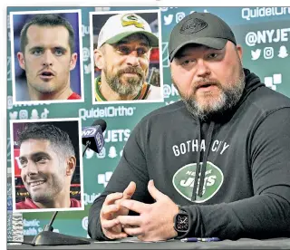  ?? Bill Kostroun; USA TODAY Sports (2); AP ?? SHOPPING LIST: Jets general manager Joe Douglas has met with Derek Carr (top left) and could look to acquire Aaron Rodgers (top right) or Jimmy Garoppolo (bottom left).