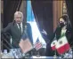  ?? JACQUELYN MARTIN THE ASSOCIATED PRESS ?? Vice President Kamala Harris and Mexican President Andres Manuel Lopez Obrador arrive for a bilateral meeting Tuesday at the national palace in Mexico City.