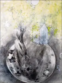  ??  ?? Jane Grandusky, who founded the Dreyfoos School of the Arts’ visual arts department, titled her mixed-media drawing “EatingOld Gray Rabbits” after a memory aid she used as a child to spell the word geography.