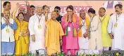  ?? ?? Chief minister Yogi Adityanath with BJP candidate from Meerut constituen­cy Arun Govil and others during a public meeting at Sisoli, on the eve of the first phase of Lok Sabha elections, in Meerut district on Thursday.