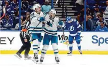  ?? Mike Ehrmann/Getty Images ?? Sharks right wing Timo Meier celebrates his overtime goal that gave San Jose a victory over the Lightning.