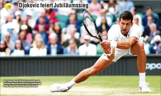  ??  ?? Der Serbe Novak Djokovic erreichte zum zehnten Mal das Halbfinale in London und holte seinen 100. Profisieg auf Rasen.