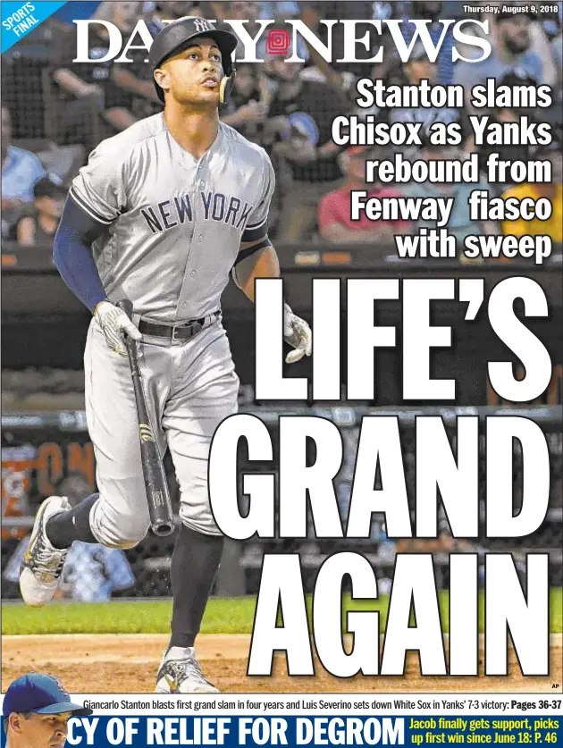  ??  ?? Giancarlo Stanton blasts first grand slam in four years and Luis Severino sets down White Sox in Yanks’ 7-3 victory: