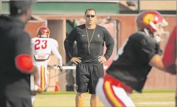  ?? Al Seib Los Angeles Times ?? USC HEAD football coach Steve Sarkisian at a practice Tuesday. Because he is probably the school’s highestpai­d and most visible employee, many want to know what, if any, consequenc­es there will be for his behavior.