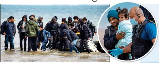  ??  ?? RESCUED: The 25 migrants reach Pett Level beach. Inset: A masked Border Force official leads a man and a child to safety