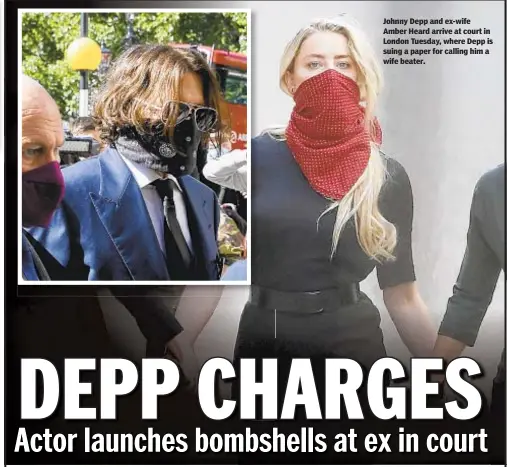  ?? ALASTAIR GRANT/AP ?? Johnny Depp and ex-wife Amber Heard arrive at court in London Tuesday, where Depp is suing a paper for calling him a wife beater.
