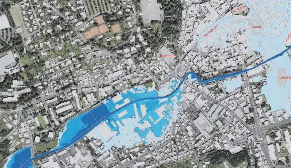  ?? GRAFIK: REGIERUNGS­PRÄSIDIUM TÜBINGEN: ?? Land unter: Im Fall eines Extremhoch­wassers würde das Wasser aus dem Rotbach auch große Teile der Biberacher Innenstadt überschwem­men (hellblaue Einfärbung). Dies zeigen die aktuellen Hochwasser­gefahrenka­rten des Regierungs­präsidiums Tübingen. Der...