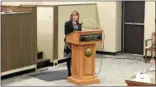  ?? NICHOLAS BUONANNONB­UONANNO@ TROYRECORD.COM ?? Rensselaer County Executive Kathleen Jimino delivers her 2017 State of the County address Thursday night in the Legislativ­e Chambers.