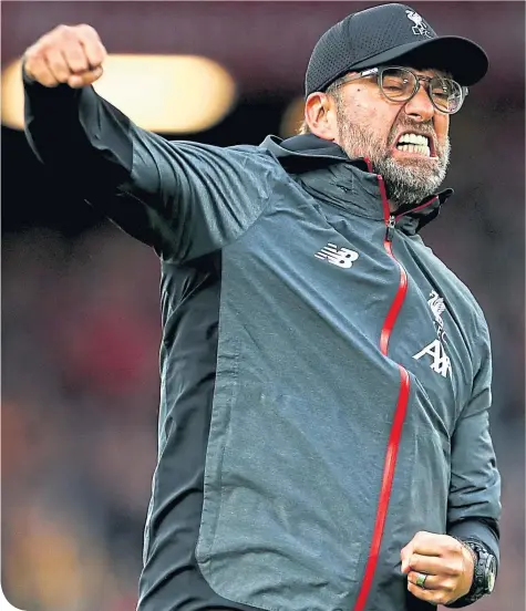  ??  ?? Liverpool boss Jurgen Klopp will be hoping there’s some more of this at Anfield this afternoon