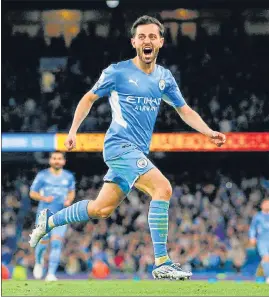  ?? REUTERS ?? Bernardo Silva celebrates after scoring Man City’s third goal against Brighton on Thursday.