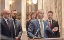  ?? HANSHAW/MISSOURI INDEPENDEN­T ?? Sen. Rick Brattin, R-Harrisonvi­lle, and other members of the Freedom Caucus recount their priorities to reporters following the second week of the legislativ­e session Thursday.