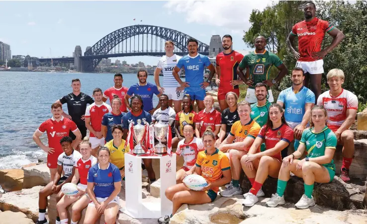  ?? Photo: Mike Lee /KLC fotos/ World Rugby ?? The 28 captains of the men’s and women’s teams at the captain’s photo for the HSBC Sydney Sevens at Barangaroo Reserve on January 25, 2023.