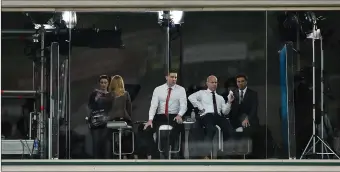  ?? Photo Barry Cregg Sportsfile ?? Former Kerry Footballer Darragh O Sé (centre ) with fellow pundit Peter Canavan and Presenter Brian Carney in the Sky Sports booth during the 2014 clash between Cork and Sligo.