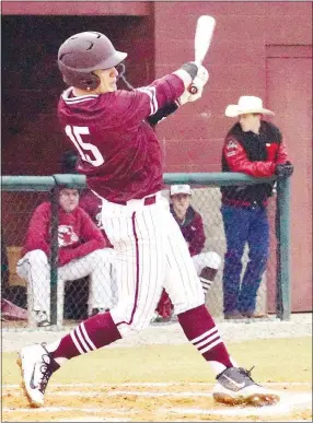  ?? Westside Eagle Observer/Randy Moll ?? Gentry’s catcher, Peyton Wright, swings at a pitch during play against West Fork on Thursday in Gentry.