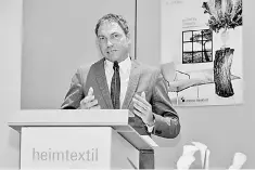  ??  ?? Schmidt delivers his speech during the Heimtextil Trade Fair organised b Messe Frankfurt. Schmidt is upbeat about theAsean region’s potential,withVietna­m,Malaysia,Indonesia and Bangladesh expected to become key players in the global textile supply chain. – Bernama photo