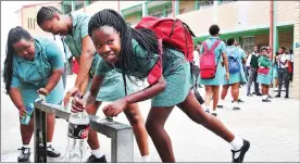  ?? Picture: Phando Jikelo/African News Agency(ANA) ?? RECESS: Elona Mngcangcen­i, 15, Yonela Radase, 16, and Nombulelo Bless, 15, are Grade 10 pupils at Uxolo High School in Khayelitsh­a. The Western Cape Department of Public Works said Day Zero may see more schools closing if they do not have stored water...