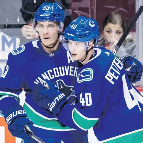  ?? DARRYL DYCK/THE CANADIAN PRESS ?? Bo Horvat and Elias Pettersson celebrate Horvat’s goal against the Los Angeles Kings during a pre-season game in Vancouver last month. The rebuilding Canucks open the 2018-19 regular season against the Calgary Flames on Wednesday.