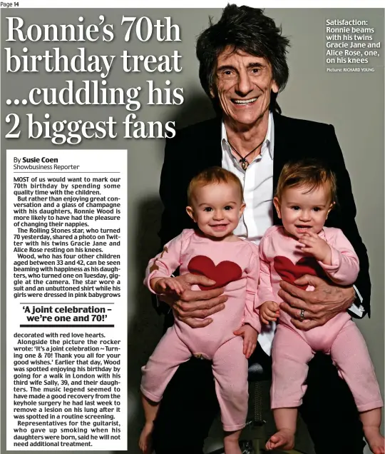  ?? Picture: RICHARD YOUNG ?? MOST of us would want to mark our 70th birthday by spending some quality time with the children.
But rather than enjoying great conversati­on and a glass of champagne with his daughters, Ronnie Wood is more likely to have had the pleasure of changing...